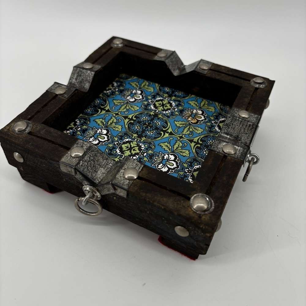 VTG Hand Painted Mexican Tile Square Ashtray Footed Wooden 4.75" Metal Accents